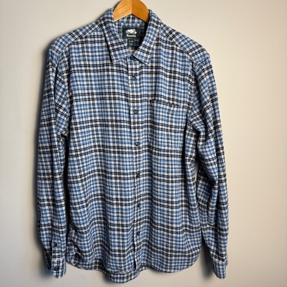 Roots‎ Men's Flannel Long Sleeve Plaid Button Up Shirt Blue Size X-Large Western